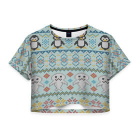 Женская футболка 3D укороченная с принтом Детский вязаный узор , 100% полиэстер | круглая горловина, длина футболки до линии талии, рукава с отворотами | зима | нг | новый год | рождество | свитер | снег