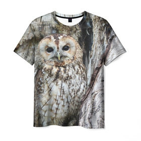 Мужская футболка 3D с принтом Маскировка , 100% полиэфир | прямой крой, круглый вырез горловины, длина до линии бедер | взгляд | глаза | дерево | лес | птица | сова | сосна | текстура | филин