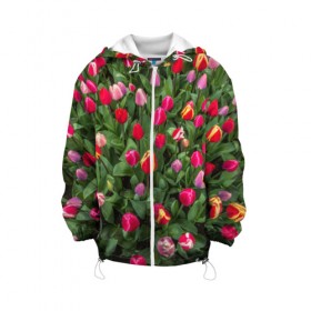 Детская куртка 3D с принтом Тюльпанчики , 100% полиэстер | застежка — молния, подол и капюшон оформлены резинкой с фиксаторами, по бокам — два кармана без застежек, один потайной карман на груди, плотность верхнего слоя — 90 г/м2; плотность флисового подклада — 260 г/м2 | зеленый | поле | природа | растения | тюльпаны | цветной | цветы