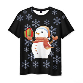 Мужская футболка 3D с принтом Снеговик с подарком , 100% полиэфир | прямой крой, круглый вырез горловины, длина до линии бедер | 2017 | дед мороз | зима | новый год | снеговик