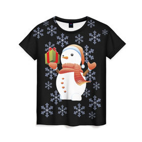 Женская футболка 3D с принтом Снеговик с подарком , 100% полиэфир ( синтетическое хлопкоподобное полотно) | прямой крой, круглый вырез горловины, длина до линии бедер | 2017 | дед мороз | зима | новый год | снеговик