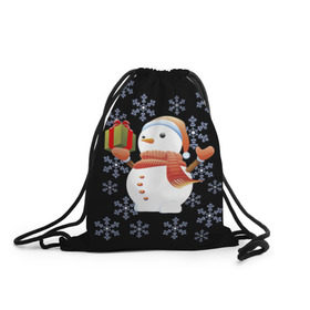 Рюкзак-мешок 3D с принтом Снеговик с подарком , 100% полиэстер | плотность ткани — 200 г/м2, размер — 35 х 45 см; лямки — толстые шнурки, застежка на шнуровке, без карманов и подкладки | 2017 | дед мороз | зима | новый год | снеговик