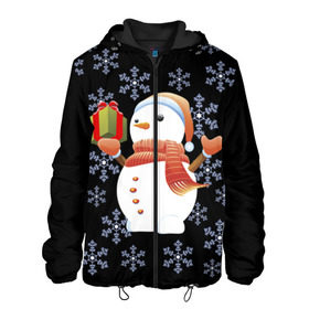 Мужская куртка 3D с принтом Снеговик с подарком , ткань верха — 100% полиэстер, подклад — флис | прямой крой, подол и капюшон оформлены резинкой с фиксаторами, два кармана без застежек по бокам, один большой потайной карман на груди. Карман на груди застегивается на липучку | 2017 | дед мороз | зима | новый год | снеговик