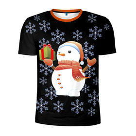 Мужская футболка 3D спортивная с принтом Снеговик с подарком , 100% полиэстер с улучшенными характеристиками | приталенный силуэт, круглая горловина, широкие плечи, сужается к линии бедра | 2017 | дед мороз | зима | новый год | снеговик