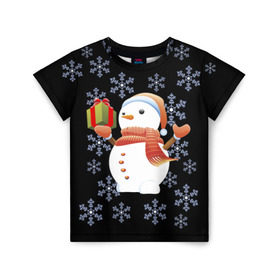 Детская футболка 3D с принтом Снеговик с подарком , 100% гипоаллергенный полиэфир | прямой крой, круглый вырез горловины, длина до линии бедер, чуть спущенное плечо, ткань немного тянется | 2017 | дед мороз | зима | новый год | снеговик