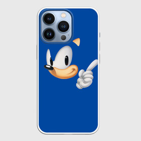 Чехол для iPhone 13 Pro с принтом Соник ,  |  | Тематика изображения на принте: sega | sonic | аркада | ёж | ёжик | лицо | палец | приставка | синий