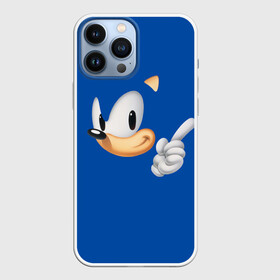 Чехол для iPhone 13 Pro Max с принтом Соник ,  |  | Тематика изображения на принте: sega | sonic | аркада | ёж | ёжик | лицо | палец | приставка | синий