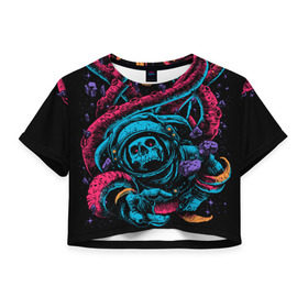 Женская футболка 3D укороченная с принтом Космический осьминог , 100% полиэстер | круглая горловина, длина футболки до линии талии, рукава с отворотами | astro | cosmo | galaxy | kraken | octopus | space | астронавт | галактика | космонавт | космос | кракен | осьминог