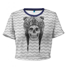 Женская футболка 3D укороченная с принтом Мертвый шаман , 100% полиэстер | круглая горловина, длина футболки до линии талии, рукава с отворотами | bear | bone | dark | magic | shaman | skelet | skull | witch | кости | маг | медведь | скелет | череп | шаман