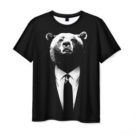 Мужская футболка 3D с принтом Медведь бизнесмен , 100% полиэфир | прямой крой, круглый вырез горловины, длина до линии бедер | animal | bear | beast | business | suit | бизнес | джентльмен | животное | зверь | медведь | смокинг