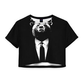 Женская футболка 3D укороченная с принтом Медведь бизнесмен , 100% полиэстер | круглая горловина, длина футболки до линии талии, рукава с отворотами | animal | bear | beast | business | suit | бизнес | джентльмен | животное | зверь | медведь | смокинг