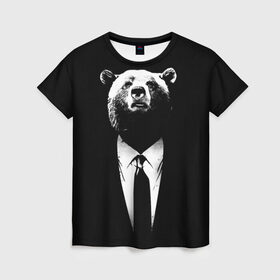 Женская футболка 3D с принтом Медведь бизнесмен , 100% полиэфир ( синтетическое хлопкоподобное полотно) | прямой крой, круглый вырез горловины, длина до линии бедер | animal | bear | beast | business | suit | бизнес | джентльмен | животное | зверь | медведь | смокинг