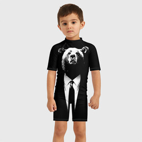 Детский купальный костюм 3D с принтом Медведь бизнесмен , Полиэстер 85%, Спандекс 15% | застежка на молнии на спине | animal | bear | beast | business | suit | бизнес | джентльмен | животное | зверь | медведь | смокинг