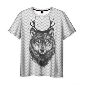 Мужская футболка 3D с принтом Рогатый волк , 100% полиэфир | прямой крой, круглый вырез горловины, длина до линии бедер | animal | beast | deer | moon | rage | roar | wild | wolf | вой | волк | животное | зверь | луна | олень | рога