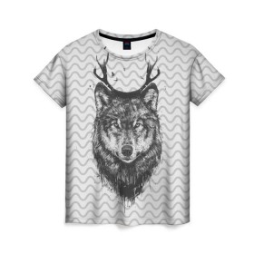Женская футболка 3D с принтом Рогатый волк , 100% полиэфир ( синтетическое хлопкоподобное полотно) | прямой крой, круглый вырез горловины, длина до линии бедер | animal | beast | deer | moon | rage | roar | wild | wolf | вой | волк | животное | зверь | луна | олень | рога