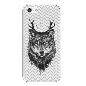 Чехол для iPhone 5/5S матовый с принтом Рогатый волк , Силикон | Область печати: задняя сторона чехла, без боковых панелей | animal | beast | deer | moon | rage | roar | wild | wolf | вой | волк | животное | зверь | луна | олень | рога