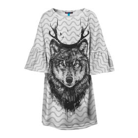 Детское платье 3D с принтом Рогатый волк , 100% полиэстер | прямой силуэт, чуть расширенный к низу. Круглая горловина, на рукавах — воланы | animal | beast | deer | moon | rage | roar | wild | wolf | вой | волк | животное | зверь | луна | олень | рога