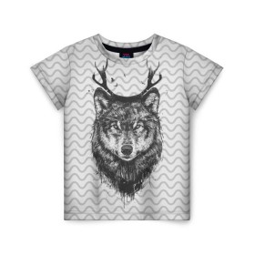 Детская футболка 3D с принтом Рогатый волк , 100% гипоаллергенный полиэфир | прямой крой, круглый вырез горловины, длина до линии бедер, чуть спущенное плечо, ткань немного тянется | Тематика изображения на принте: animal | beast | deer | moon | rage | roar | wild | wolf | вой | волк | животное | зверь | луна | олень | рога