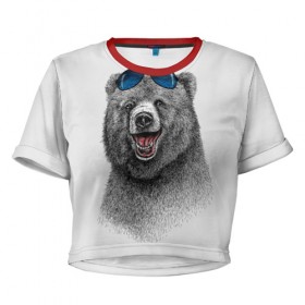 Женская футболка 3D укороченная с принтом Счастливый медведь , 100% полиэстер | круглая горловина, длина футболки до линии талии, рукава с отворотами | animal | bear | beast | fashion | funny | животное | зверь | медведь | мода | радость | счастье