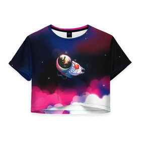 Женская футболка 3D укороченная с принтом Ёжик в космосе , 100% полиэстер | круглая горловина, длина футболки до линии талии, рукава с отворотами | в тумане | еж