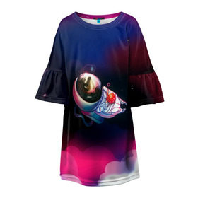 Детское платье 3D с принтом Ёжик в космосе , 100% полиэстер | прямой силуэт, чуть расширенный к низу. Круглая горловина, на рукавах — воланы | Тематика изображения на принте: в тумане | еж