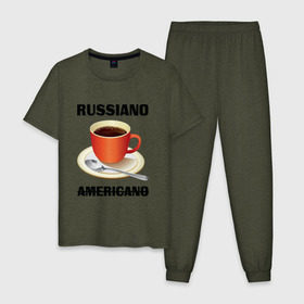 Мужская пижама хлопок с принтом Руссиано , 100% хлопок | брюки и футболка прямого кроя, без карманов, на брюках мягкая резинка на поясе и по низу штанин
 | americano | russiano | американо | кофе | руссиано