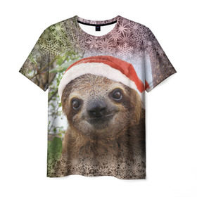 Мужская футболка 3D с принтом Рождественский ленивец , 100% полиэфир | прямой крой, круглый вырез горловины, длина до линии бедер | Тематика изображения на принте: джунгли | животное | ленивый | лень | новый год | рождество | снег | снежинки | тропики | улыбка | шапка