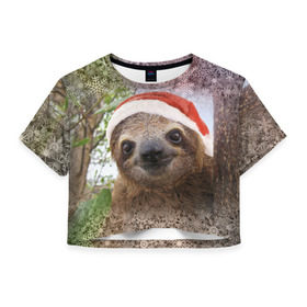 Женская футболка 3D укороченная с принтом Рождественский ленивец , 100% полиэстер | круглая горловина, длина футболки до линии талии, рукава с отворотами | джунгли | животное | ленивый | лень | новый год | рождество | снег | снежинки | тропики | улыбка | шапка