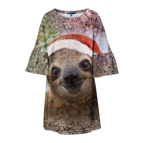 Детское платье 3D с принтом Рождественский ленивец , 100% полиэстер | прямой силуэт, чуть расширенный к низу. Круглая горловина, на рукавах — воланы | джунгли | животное | ленивый | лень | новый год | рождество | снег | снежинки | тропики | улыбка | шапка