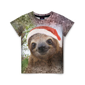 Детская футболка 3D с принтом Рождественский ленивец , 100% гипоаллергенный полиэфир | прямой крой, круглый вырез горловины, длина до линии бедер, чуть спущенное плечо, ткань немного тянется | джунгли | животное | ленивый | лень | новый год | рождество | снег | снежинки | тропики | улыбка | шапка