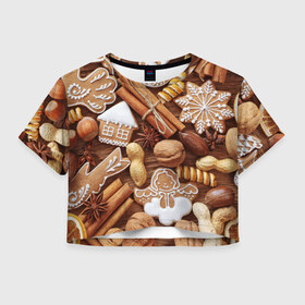 Женская футболка 3D укороченная с принтом Cinnamon , 100% полиэстер | круглая горловина, длина футболки до линии талии, рукава с отворотами | выпечка | новый год | пряники | пряности | рождество