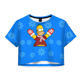 Женская футболка 3D укороченная с принтом Симпсоны новогодние 2 , 100% полиэстер | круглая горловина, длина футболки до линии талии, рукава с отворотами | simpsons | барт | барт симпсон | гомер | гомер симпсон | новый год | симпсоны | снег | снежинки