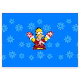 Поздравительная открытка с принтом Симпсоны новогодние 2 , 100% бумага | плотность бумаги 280 г/м2, матовая, на обратной стороне линовка и место для марки
 | Тематика изображения на принте: simpsons | барт | барт симпсон | гомер | гомер симпсон | новый год | симпсоны | снег | снежинки