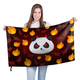 Флаг 3D с принтом Панда дьяволенок , 100% полиэстер | плотность ткани — 95 г/м2, размер — 67 х 109 см. Принт наносится с одной стороны | дьяволенок | красный | крылья | огонь | панда | рога