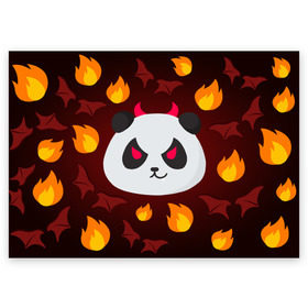 Поздравительная открытка с принтом Панда дьяволенок , 100% бумага | плотность бумаги 280 г/м2, матовая, на обратной стороне линовка и место для марки
 | дьяволенок | красный | крылья | огонь | панда | рога