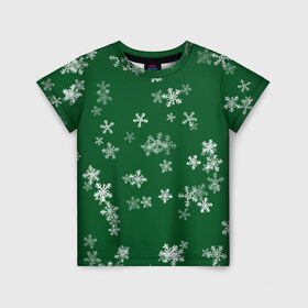 Детская футболка 3D с принтом Снежная феерия (зелёный) , 100% гипоаллергенный полиэфир | прямой крой, круглый вырез горловины, длина до линии бедер, чуть спущенное плечо, ткань немного тянется | happy new year | блеск | ёлка | зима | конфетти | новый год | подарки | праздник | снег | снежинки