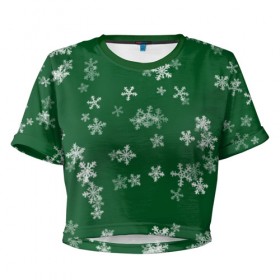 Женская футболка 3D укороченная с принтом Снежная феерия (зелёный) , 100% полиэстер | круглая горловина, длина футболки до линии талии, рукава с отворотами | happy new year | блеск | ёлка | зима | конфетти | новый год | подарки | праздник | снег | снежинки