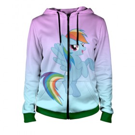 Женская толстовка 3D на молнии с принтом Rainbowdash , 100% полиэстер | длина до линии бедра, манжеты и пояс оформлены мягкой тканевой резинкой, двухслойный капюшон со шнурком для регулировки, спереди молния, по бокам два кармана | mlp | pony | rainbowdash | raindbow dash | пони