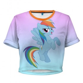 Женская футболка 3D укороченная с принтом Rainbowdash , 100% полиэстер | круглая горловина, длина футболки до линии талии, рукава с отворотами | mlp | pony | rainbowdash | raindbow dash | пони