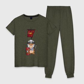 Женская пижама хлопок с принтом Хомячок-воин! , 100% хлопок | брюки и футболка прямого кроя, без карманов, на брюках мягкая резинка на поясе и по низу штанин | легионер | рим | хомяк