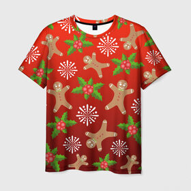 Мужская футболка 3D с принтом Новогодний узор , 100% полиэфир | прямой крой, круглый вырез горловины, длина до линии бедер | Тематика изображения на принте: новогодний узор | новый год | омела | пряничный человечек | снежинка | узор