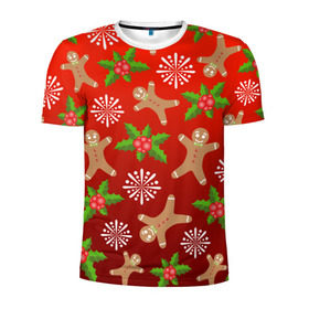 Мужская футболка 3D спортивная с принтом Новогодний узор , 100% полиэстер с улучшенными характеристиками | приталенный силуэт, круглая горловина, широкие плечи, сужается к линии бедра | новогодний узор | новый год | омела | пряничный человечек | снежинка | узор