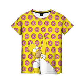 Женская футболка 3D с принтом Пончики Гомера Симпсона , 100% полиэфир ( синтетическое хлопкоподобное полотно) | прямой крой, круглый вырез горловины, длина до линии бедер | donut | homer | simpson | гомер | еда | плюшка | пончик | симпсон