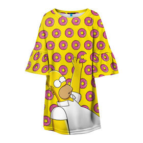 Детское платье 3D с принтом Пончики Гомера Симпсона , 100% полиэстер | прямой силуэт, чуть расширенный к низу. Круглая горловина, на рукавах — воланы | Тематика изображения на принте: donut | homer | simpson | гомер | еда | плюшка | пончик | симпсон