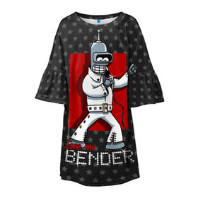 Детское платье 3D с принтом Bender Presley , 100% полиэстер | прямой силуэт, чуть расширенный к низу. Круглая горловина, на рукавах — воланы | bender | elvis presley | fry | futurama | hermes | rock n roll | zoidberg | бендер | гермес | зойдберг | робот | рок н ролл | туранга | фрай | футурама | элвис пресли