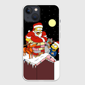 Чехол для iPhone 13 с принтом Симпсон   Санта Клаус ,  |  | Тематика изображения на принте: bart | christmas | happy new year | homer simpson | the simpsons | барт | гомер | дед мороз | луна | новый год | олень | подарки | санта | снег | собака | сосульки