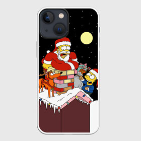 Чехол для iPhone 13 mini с принтом Симпсон   Санта Клаус ,  |  | Тематика изображения на принте: bart | christmas | happy new year | homer simpson | the simpsons | барт | гомер | дед мороз | луна | новый год | олень | подарки | санта | снег | собака | сосульки