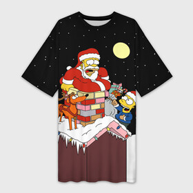 Платье-футболка 3D с принтом Симпсон   Санта Клаус ,  |  | bart | christmas | happy new year | homer simpson | the simpsons | барт | гомер | дед мороз | луна | новый год | олень | подарки | санта | снег | собака | сосульки