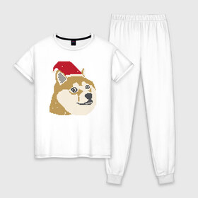 Женская пижама хлопок с принтом Doge новогодний , 100% хлопок | брюки и футболка прямого кроя, без карманов, на брюках мягкая резинка на поясе и по низу штанин | Тематика изображения на принте: doge | doge новогодний | интернет приколы | новый год | подарок на новый год