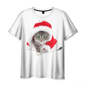 Мужская футболка 3D с принтом Новогодняя Киса , 100% полиэфир | прямой крой, круглый вырез горловины, длина до линии бедер | Тематика изображения на принте: cat | christmas | new year | winter | дед мороз | зима | кисы | кошки | новый год | рождество